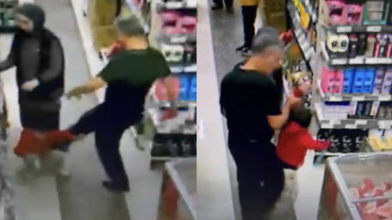 Bir markette küçük çocuğa tekmeli saldırı! Tekmeleyen baba gözaltında